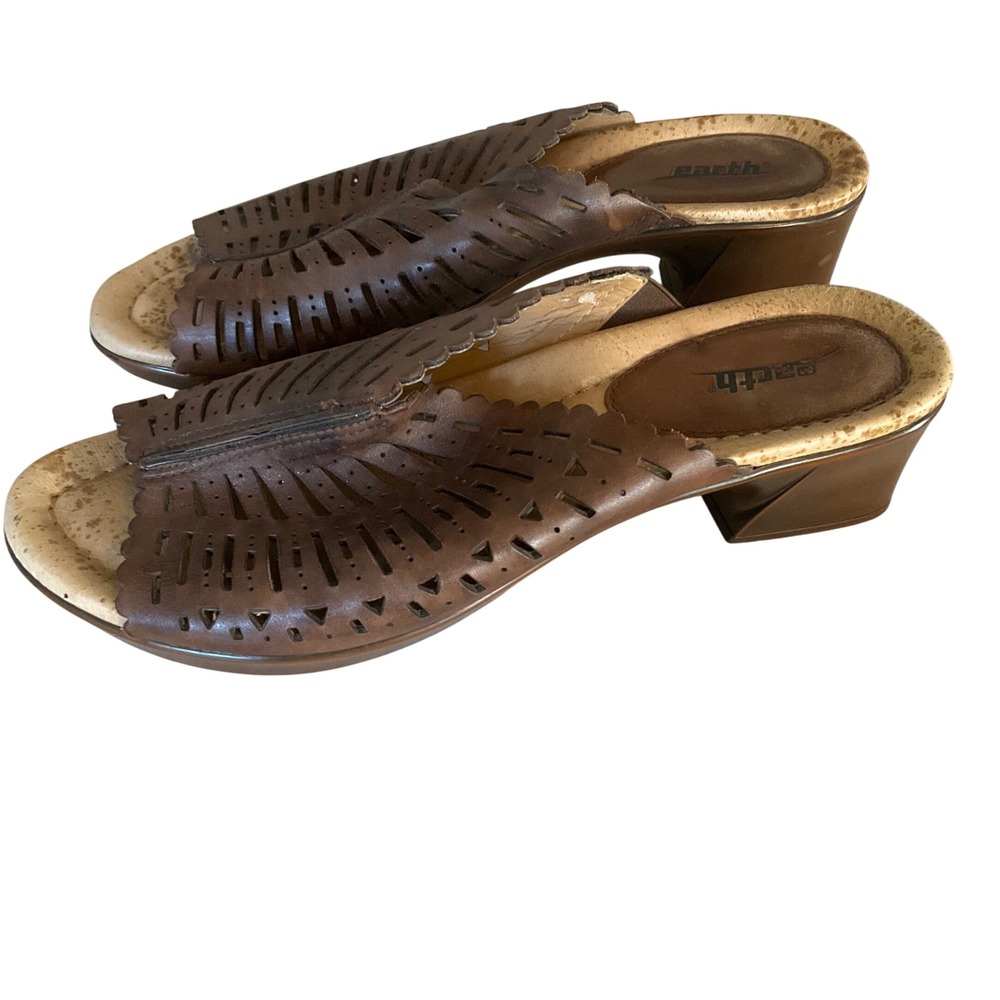 Earth Women's Brown Leather Cutout Scalloped Wedge Slide Sandals Shoes Size  11B